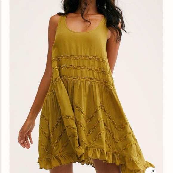 INTIMATELY FREE PEOPLE ELEGANT BOHO MUSTARD LACE SLEEVELESS BLUE POLKA DOT DRESS - Picture 1 of 8
